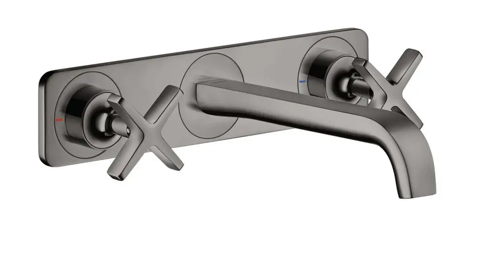 Waschtischarmatur in Polished Black Chrome von AXOR, bestehend aus drei Teilen mit einem geraden Auslauf und zwei Bedienelementen. Geeignet für die Wandmontage.